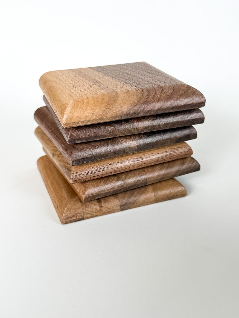 Pillowed Edge Solid Wood Coasters – Set of 6 | Walnut or White Oak
