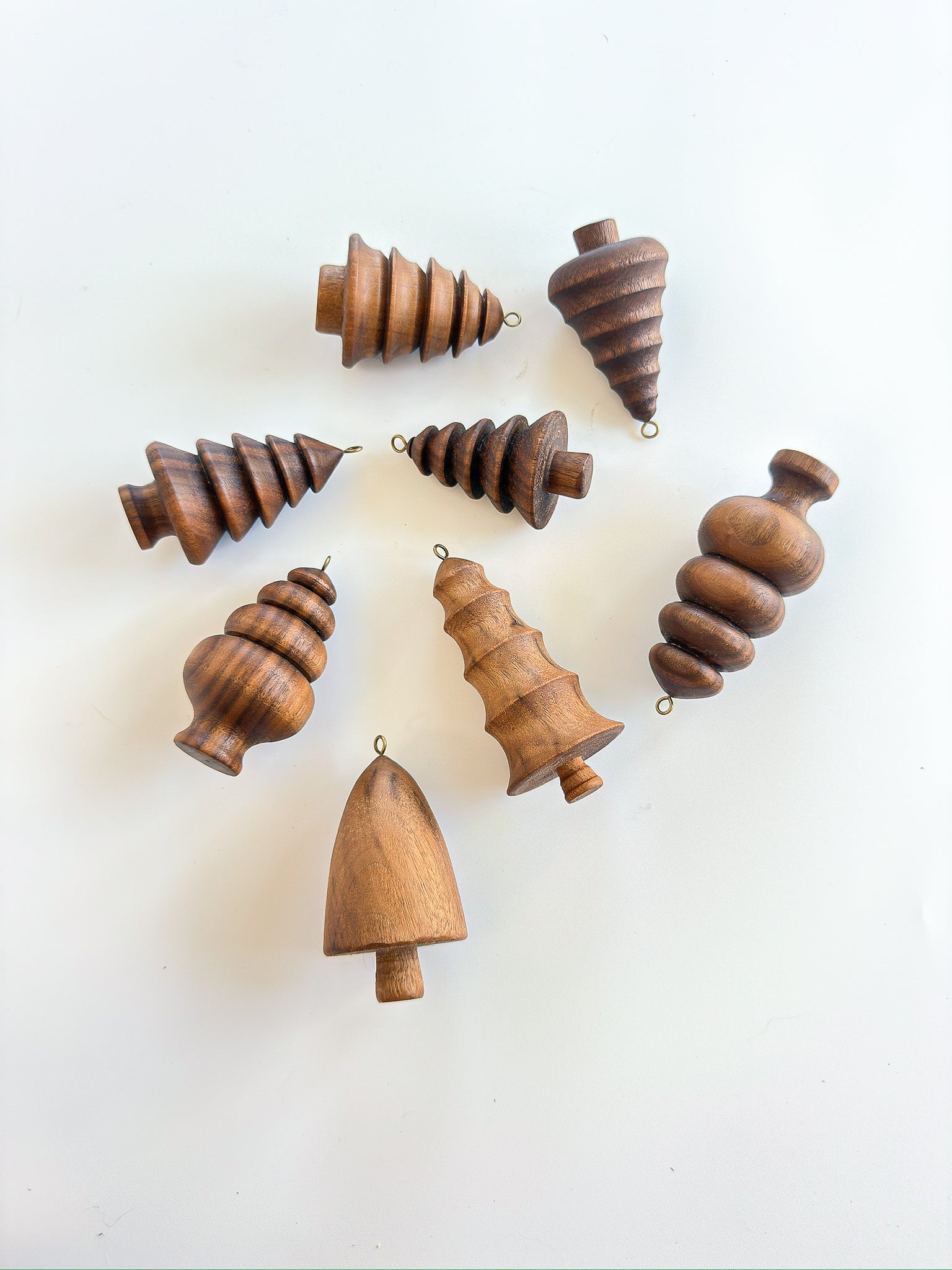 Hand-Turned Walnut & Rosewood Ornaments — Set of 7