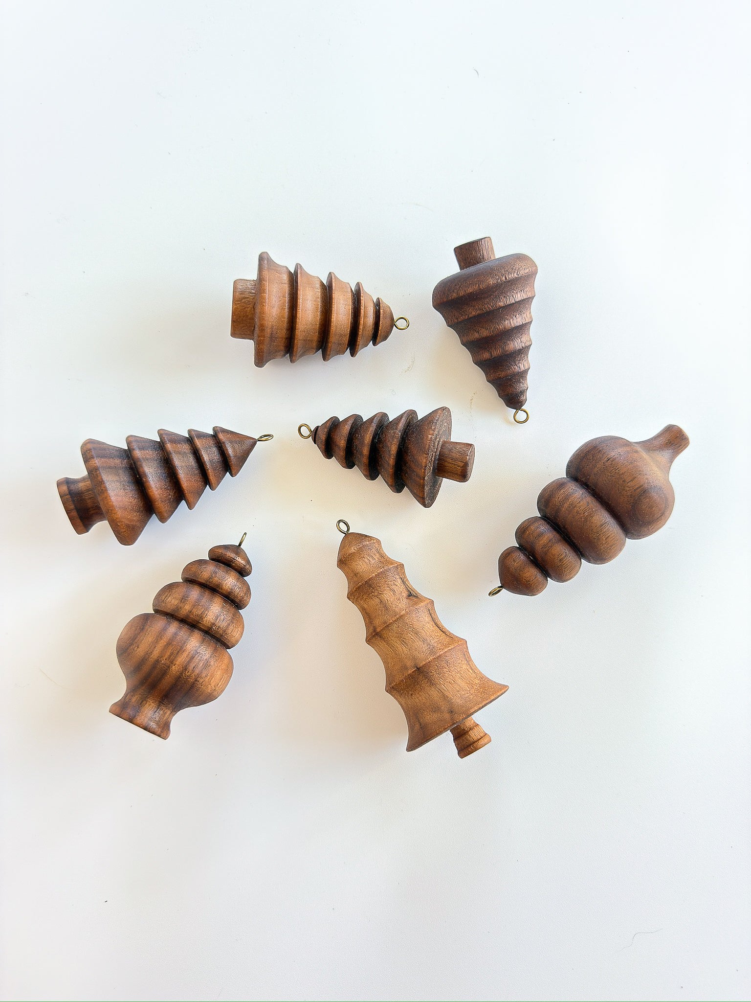 Hand-Turned Walnut & Rosewood Ornaments — Set of 7